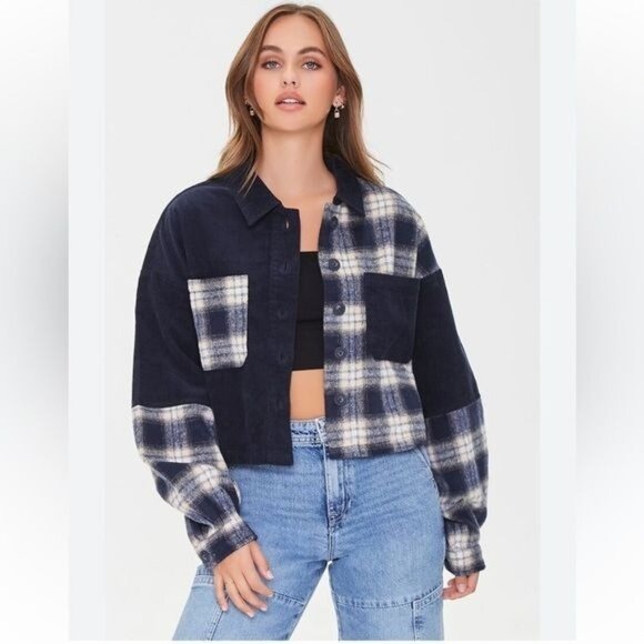 Forever 21 Womens Plaid Corduroy Jacket S Navy & White - Picture 1 of 9